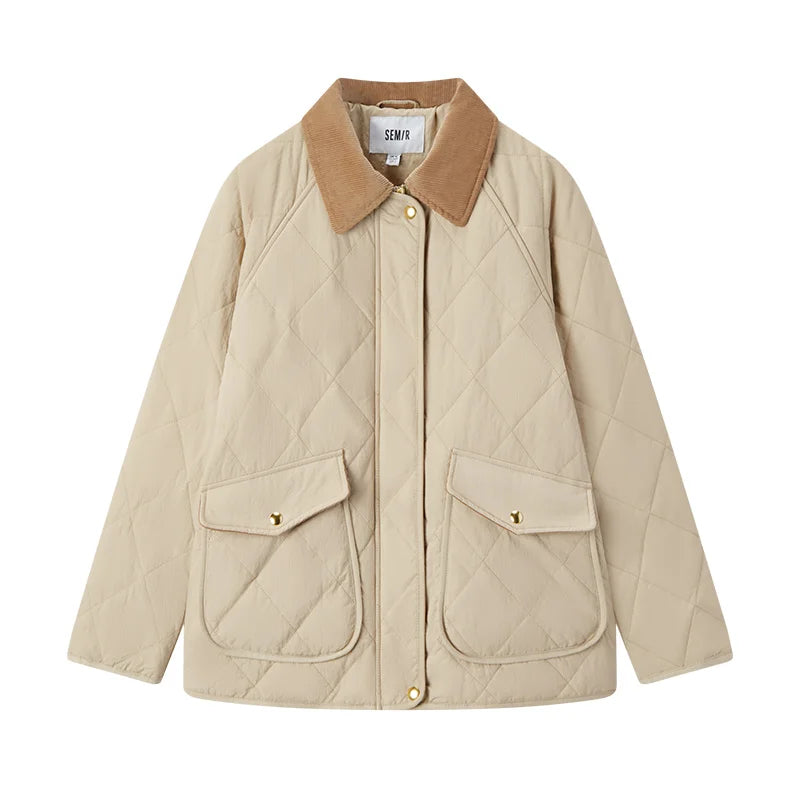 Semir Cotton Jacket Women Mid-Length Lightweight Loose Patchwork Lapel 2024 New Winter Rhombus Quilted Cotton Jacket