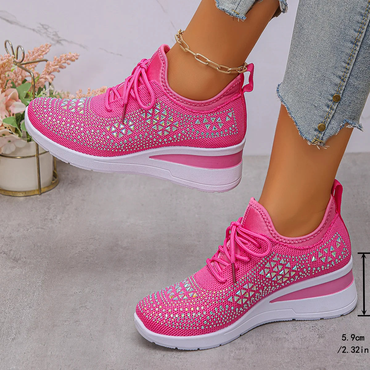 Women's Sneakers Shiny Rhinestone Wedge  Breathable Knit Non Slip Walking Shoes Woman Plus Size Fashion Thick Sole White Sneaker