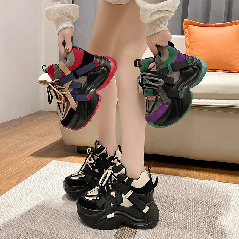2023 Autumn Winter Chunky Sneakers Women Lace Up Platform Sports Shoes Woman Goth Thick Bottom High Heels Female Wedges Sneakers