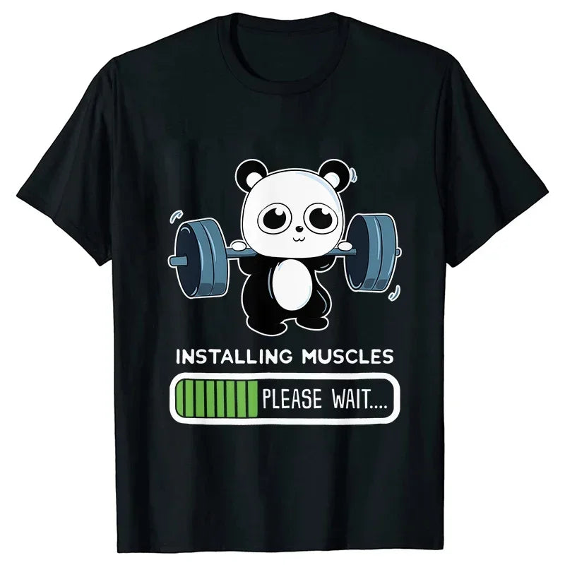 Fun Panda Fitness Print T-shirt Women's Summer T-shirt Round Neck Casual Short Sleeve Weightlifting Fitness Summer T-shirt