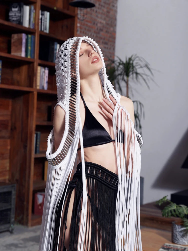 Leosoxs Handmade Crochet Knitted Cover Ups Sleeveless Women Long Cloak 2024 Summer Holiday Beachwear Sexy Solid Tassel Outfits