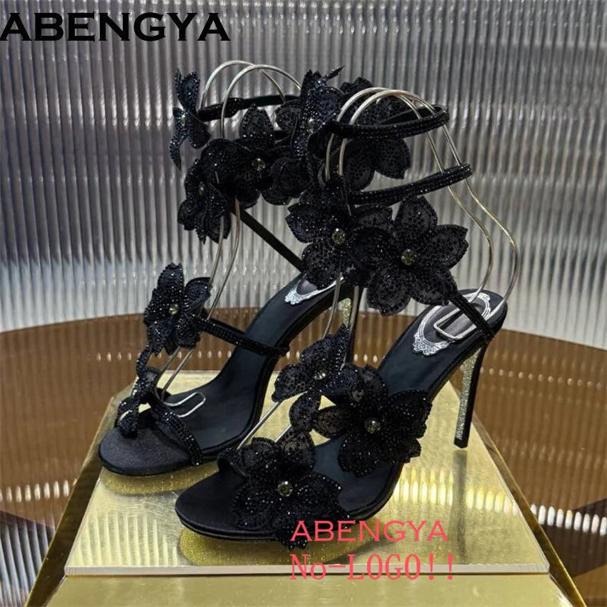 2025 Summer High Heels Sandals Women Crystal Flower Snake Strap Stilettos Party Shoes Shinny Female Sandalias Mujer