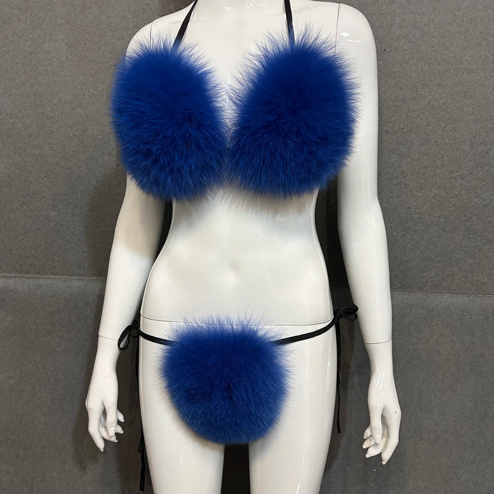 YOLOAgain Women Solid Natural Fox Fur Sexy Bikini Set Bra Detachable