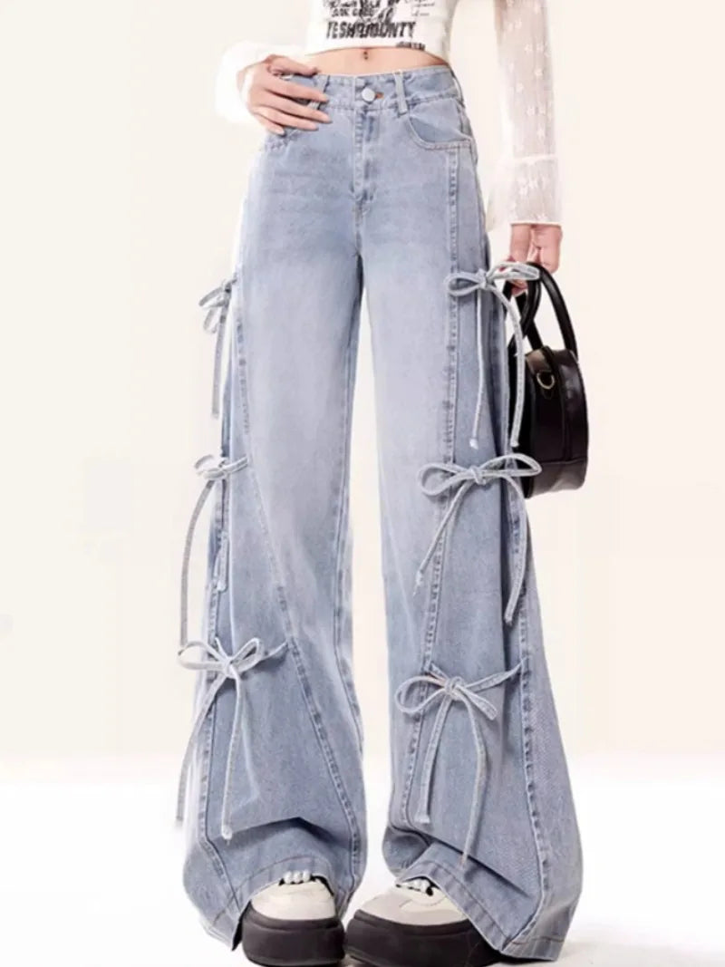 Jeans Women Vintage Bow Design Baggy Wide Leg Trousers Autumn High Waist Students Young All-match Daily Harajuku Slouchy Chic