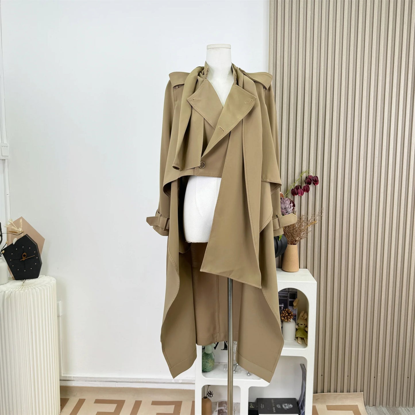 KWTX 2025 Women's Solid Color Trench Coat Belted Double Breasted Longline Lapel Pockets Chic Autumn Winter Fashion Outerwear