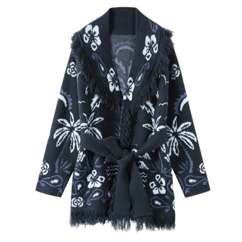 Fashion Lace Up Floral Tassel Patchwork Sweater For Women Elegant Long Sleeve Belt Knitted Cardigan Jacket Lady Chic Street Tops