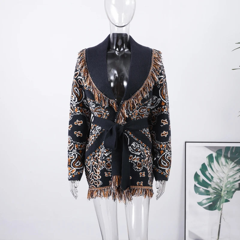 Fashion Lace Up Floral Tassel Patchwork Sweater For Women Elegant Long Sleeve Belt Knitted Cardigan Jacket Lady Chic Street Tops