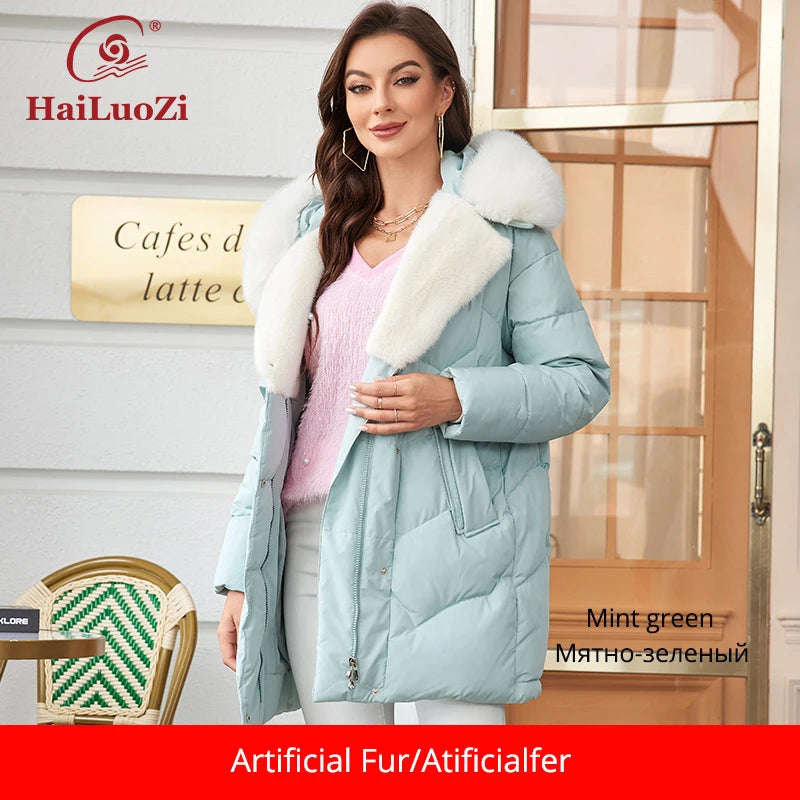 HaiLuoZi 2023 New Winter Down Jacket Warm Hood with Detached Fur Short Female Outwear Elegent Solid Color Thick Coats Women 1158