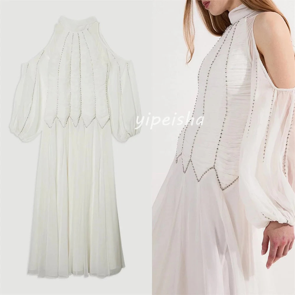 Customized Modern Style Sexy Chiffon Pleat Ruched Rhinestone A-line High Collar Midi Dresses Bespoke Occasion Dresses Fashion