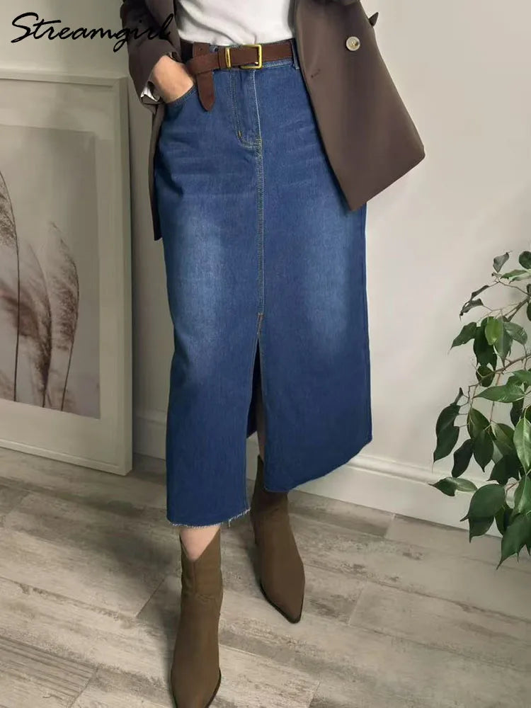 Long Slit Denim Skirts For Women High Waist A Line Maxi Denim Skirt With Slit Summer Midi Blue Jeans Skirts For Woman Long 2025