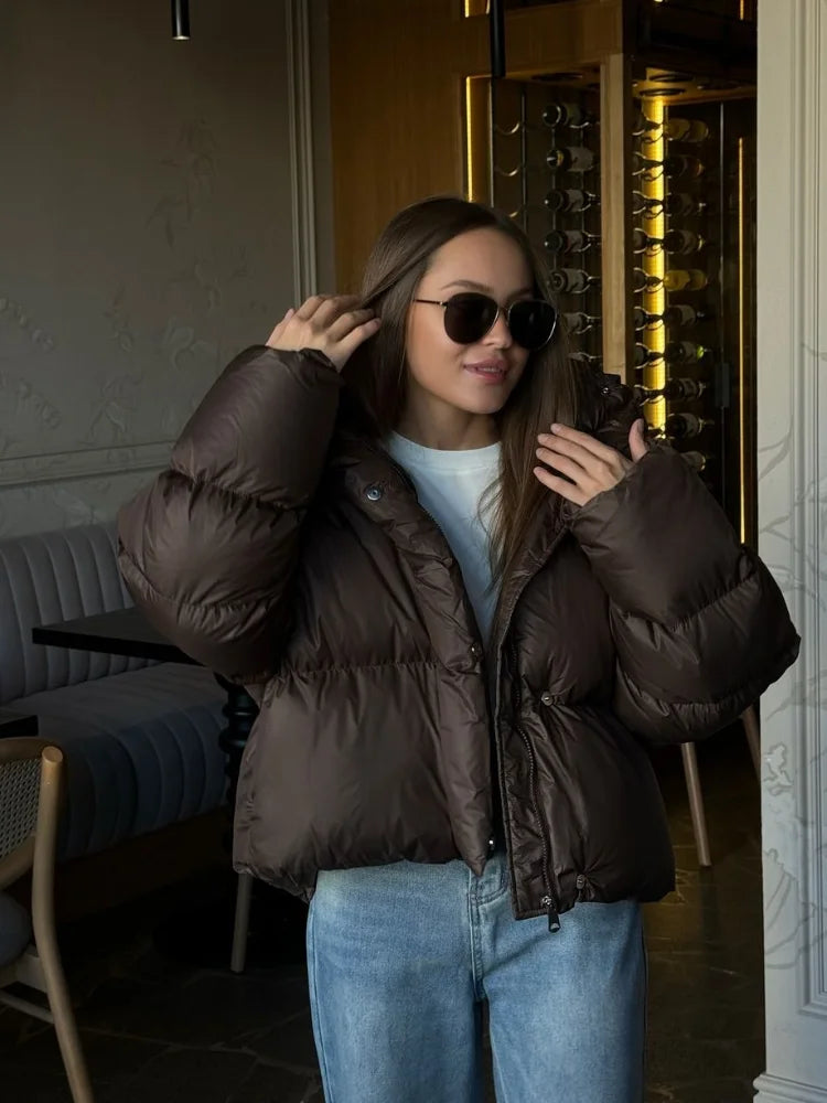 Deep Brown Short Cotton Coat Women Casual Lapel Full Sleeve Single Breasted Loose Jacket Lady 2025 Winter Office Commute Outwear