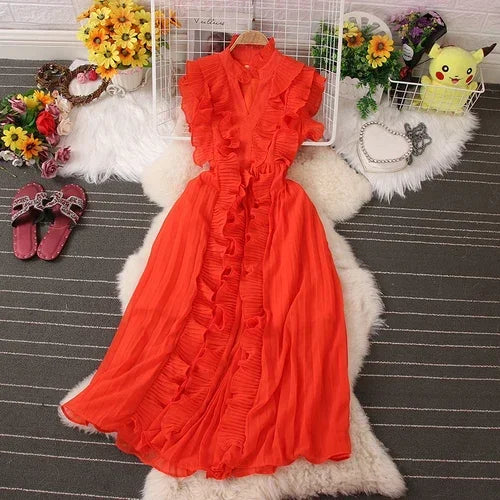 Sweet Ruffles Skinny Dresses Spring Casual Sleeveless V-neck Elastic High Waist Pleated Femme Vestidos Chic Solid Colours Dress