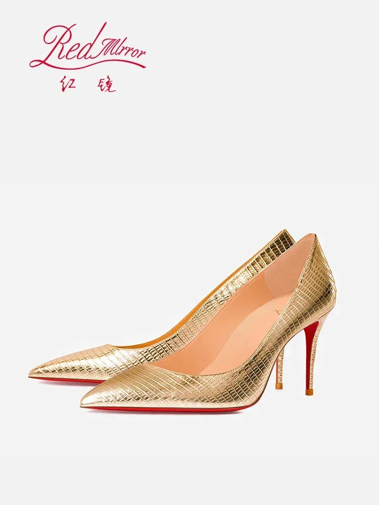 Spring/Summer Red Bottom Lizard Pattern Embossed Gold Pointed Shallow Mouth Slim Heels Sexy Banquet High Heels Single Shoes