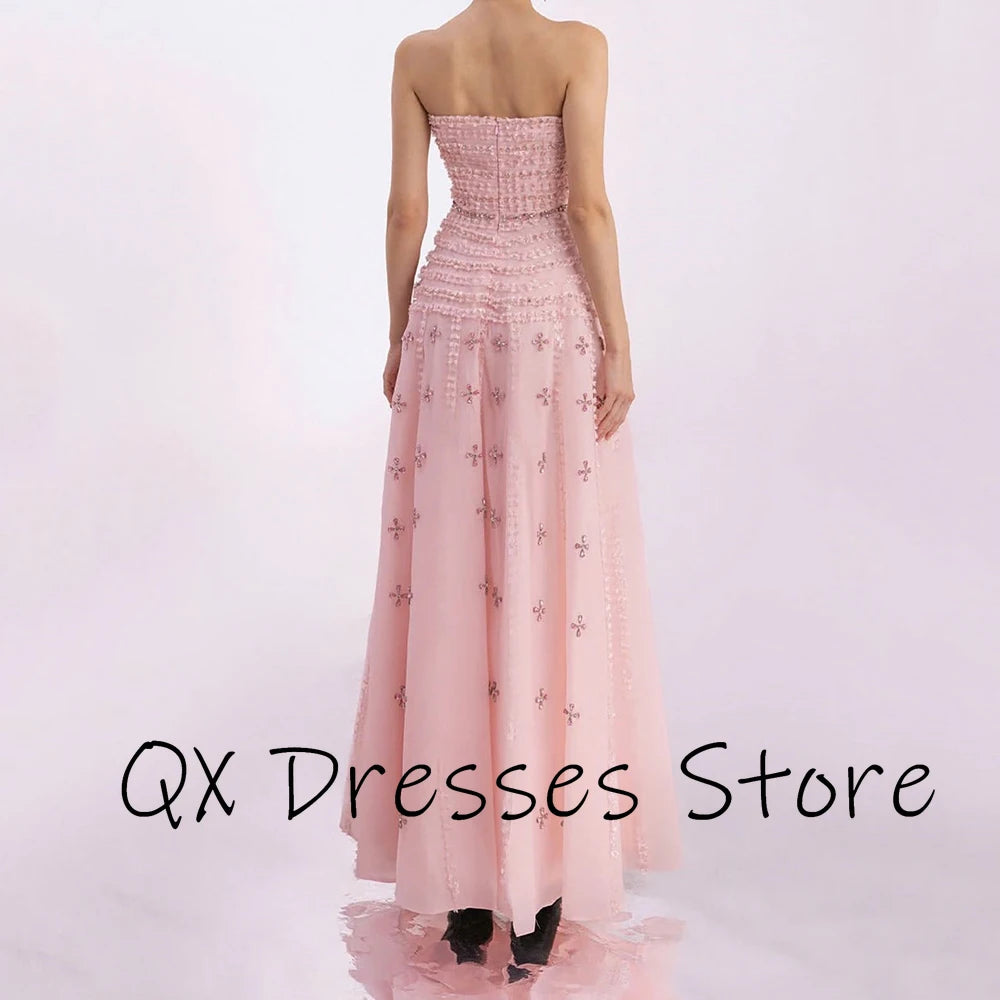 Customized Strapless Simple Crystal Chiffon Women's Evening Dress Backless Draped Party Dress A-line Ankle Length Prom Gown