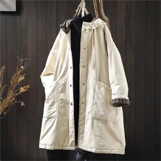 Johnature Women Vintage Hooded Warm Winter Parkas Solid Color Button Pockets Coats 2025 Plus Cotton Soft Chinese Style Parkas