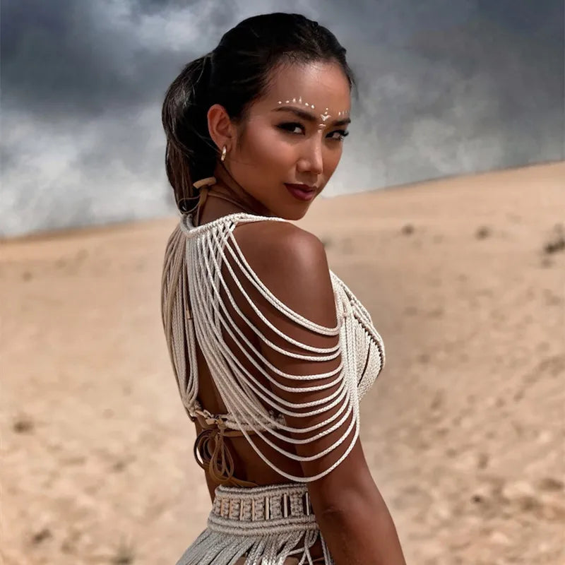 Handmade Knitted Crochet Women Cover Ups Off Shoulder Solid Tassel Crop Top Long Maxi Skirts Set 2024 Summer Beach Bathing Suit