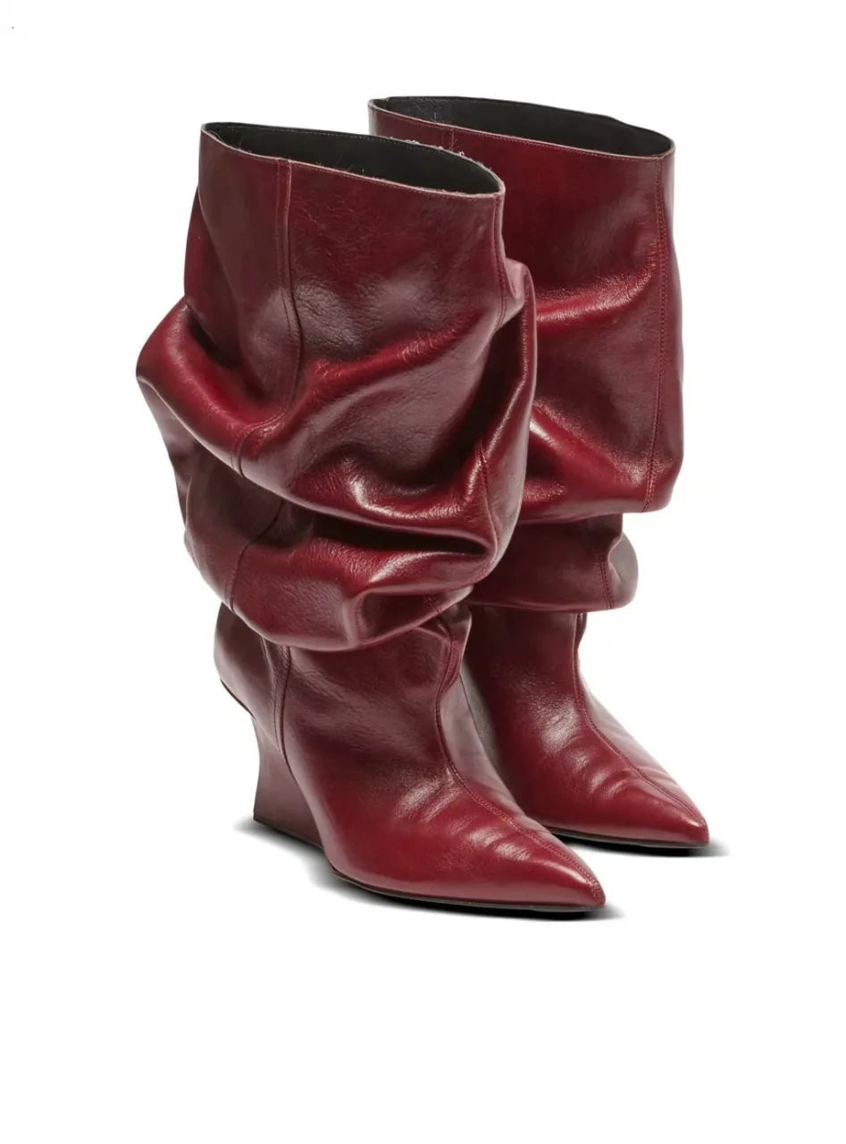 European and American Autumn and Winter Pleated Thick High Heels Knee High Women's Boots Pointed Fashion Party Women's Boots