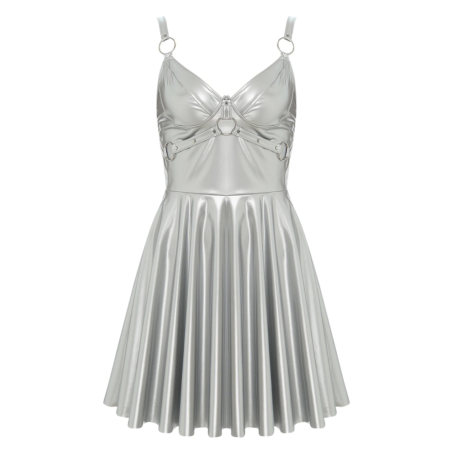 Women's Wet Look Patent Leather Dress O-Ring Rivets Strappy Latex Shiny Vinyl Slip Dress Outfit Gothic Party Dress Clubwear