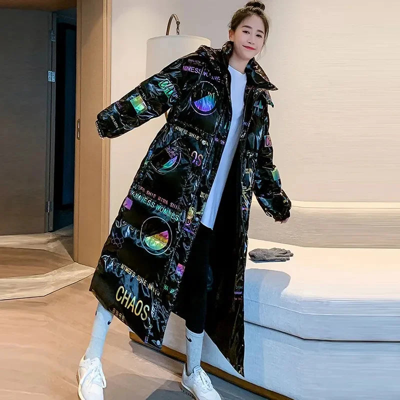 New Glossy Print Down cotton Jacket for women Winter 2025 Loose Thick Women Hooded Parka Coat Windproof Rainproof Long Overcoat