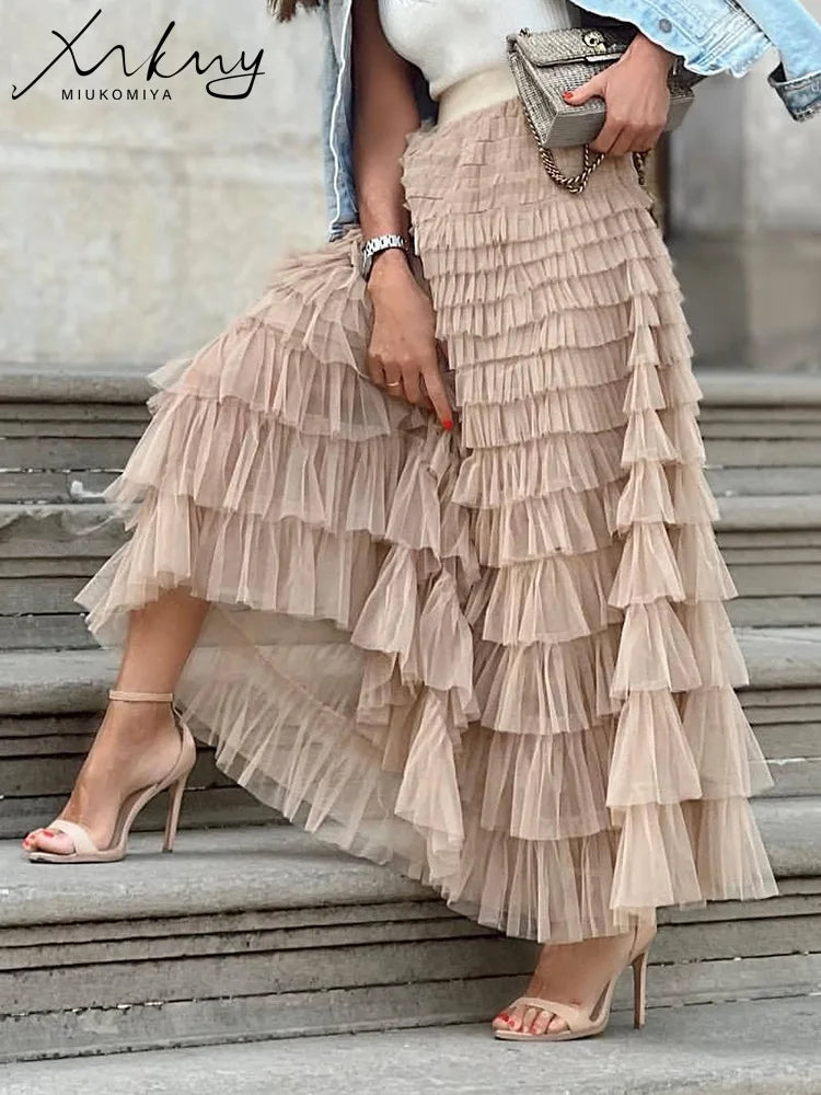 MiuKoMiYa Elegant Black Long Tulle Skirts Women Puffy Pink Maxi Mesh Skirt Long High Waist Pink Tulle Skirt Vintage For Women