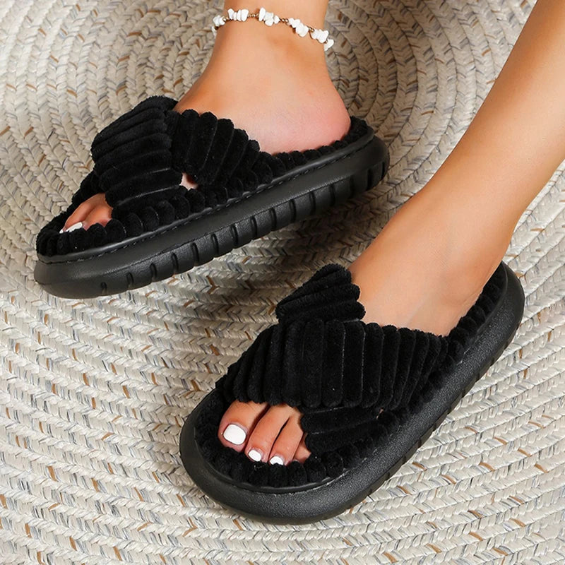 winter women house slippers cross strap soft Platform Slides Ladies Elegant Open Toe Big Size casual flats indoor