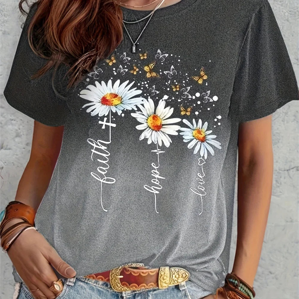 Women's Gradient T-shirt Fashion Flower Print Loose Round Neck Top Casual Comfortable Short Sleeve Women's Party T-shirt 2024