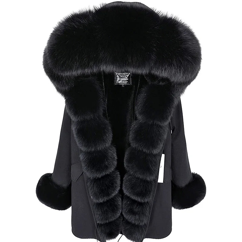Maomaokong Winter Women Luxur Beige Fur Coat Natural Real Fox Fur Waterproof Jacket Hooded Thick Warm Fashion Long Black Parkas