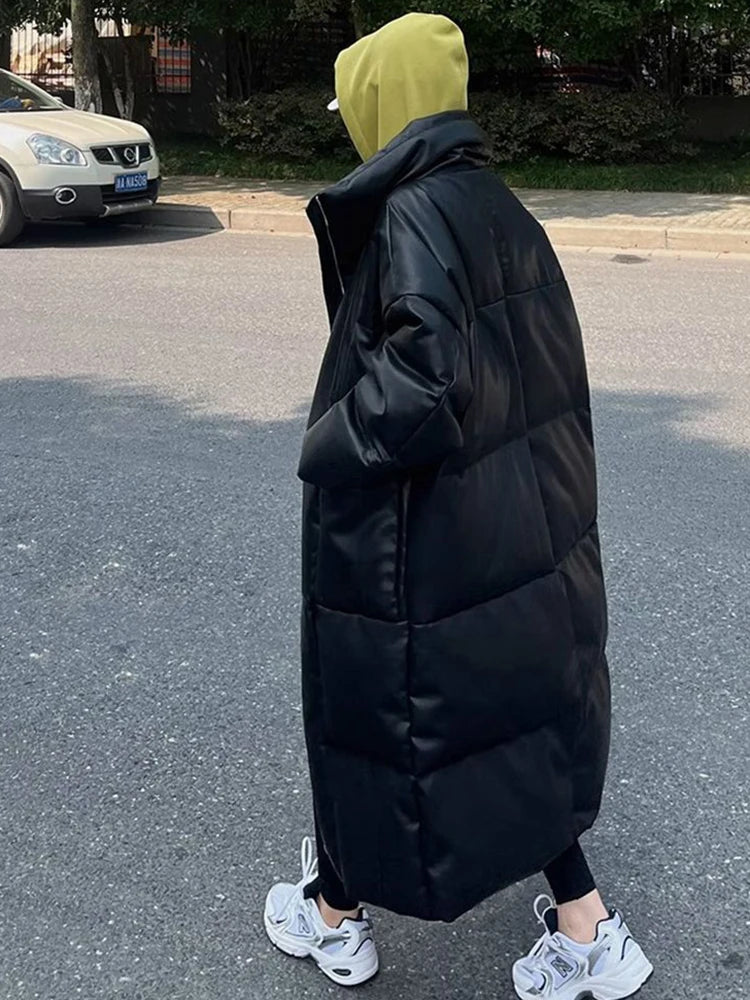 Winter Long Pu Leather Down Jacket Female Black Thick Warm Cotton Parka Outwears Women White Duck Down Knee Length Down Jackets