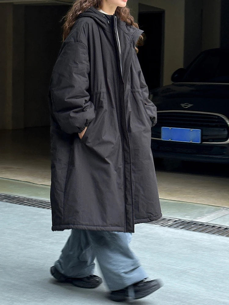 [EAM] Black Big Size Long Cotton-padded Coat Long Sleeve Loose Fit Women Parkas Fashion Tide New Autumn Winter 2025 1DH2804
