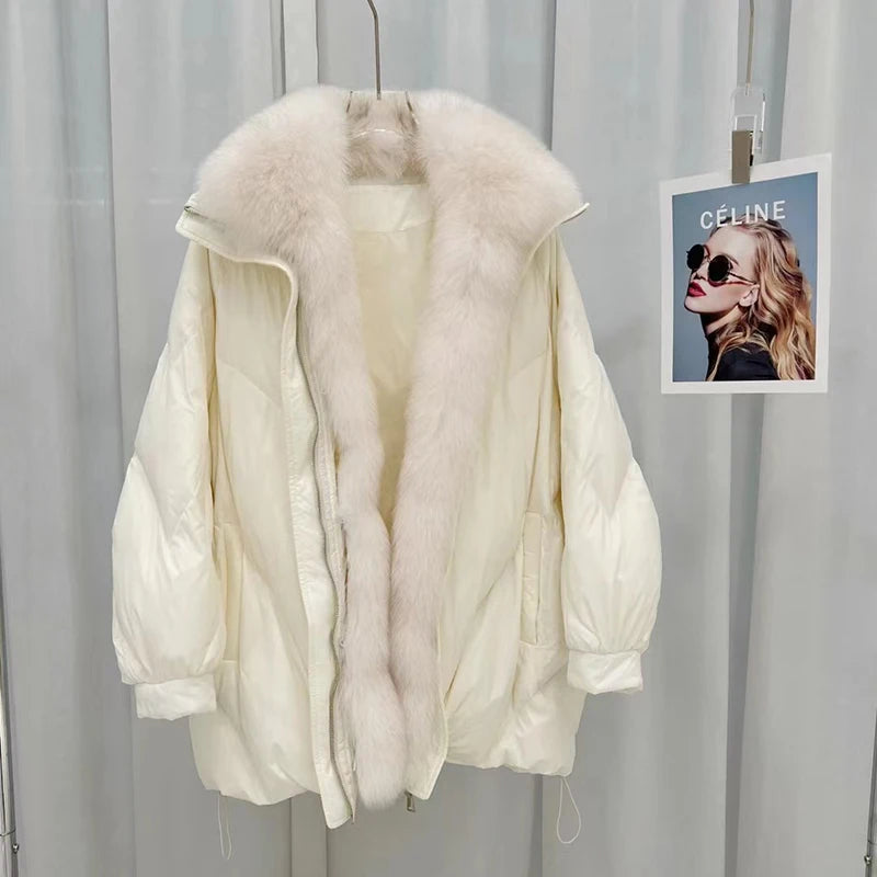 New Autumn Winter Fur Collar Down Jacket Female Loose Width Fur Goose Down Down Jacket For Women Mid Length Winter Parker Coat