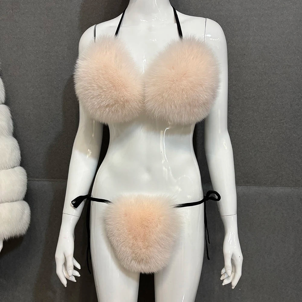 YOLOAgain Women Solid Natural Fox Fur Sexy Bikini Set Bra Detachable
