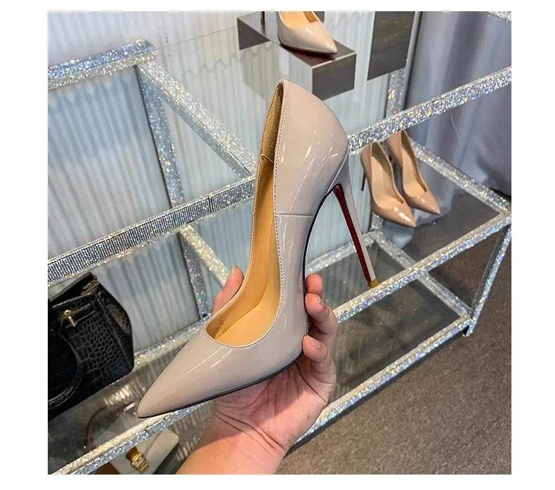 HLTINO 12CM Brown Patent Leather Pumps Women Red Bottom Heels Elegant High Heeled Stilettos Evening Shoe for Party