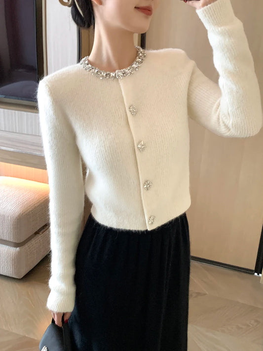 High-End Autumn Knitted Top Diamond Decorated Collar Anti-Aging Versatile Ele Sle Long Sve Round Ne Sweater Coat