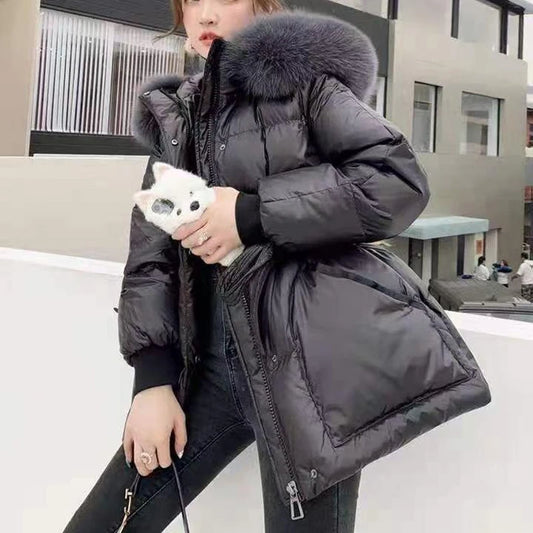 Winter Natural Fur Collar Women Down Jacket Light Warm Coat Female Jacket Women With Belt Loose Drawstring Hooded Parka Overcoat