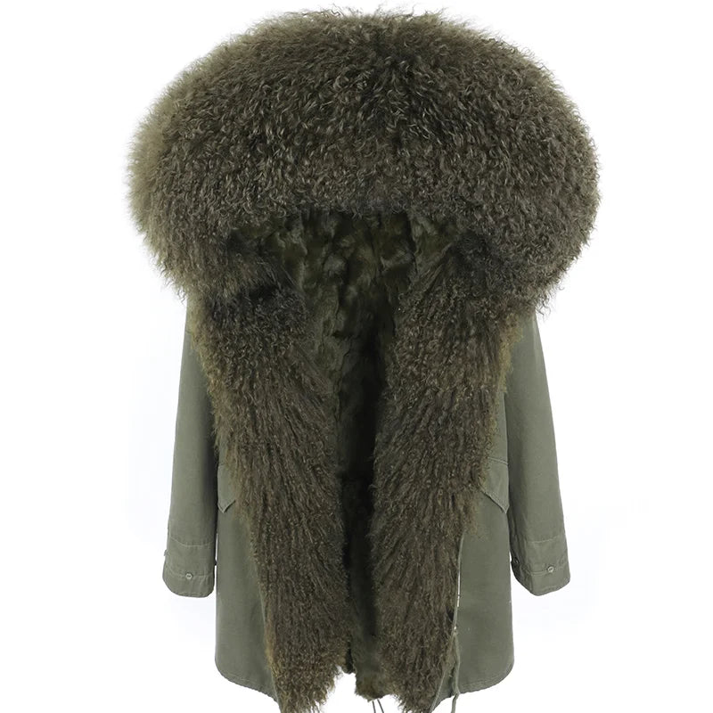 Maomaokong 2023 Winter Women Parkas Real Fur Long Coat Outwear Large Raccoon Fur Collar Thick Warm Jacket Rabbit Lining Hooded