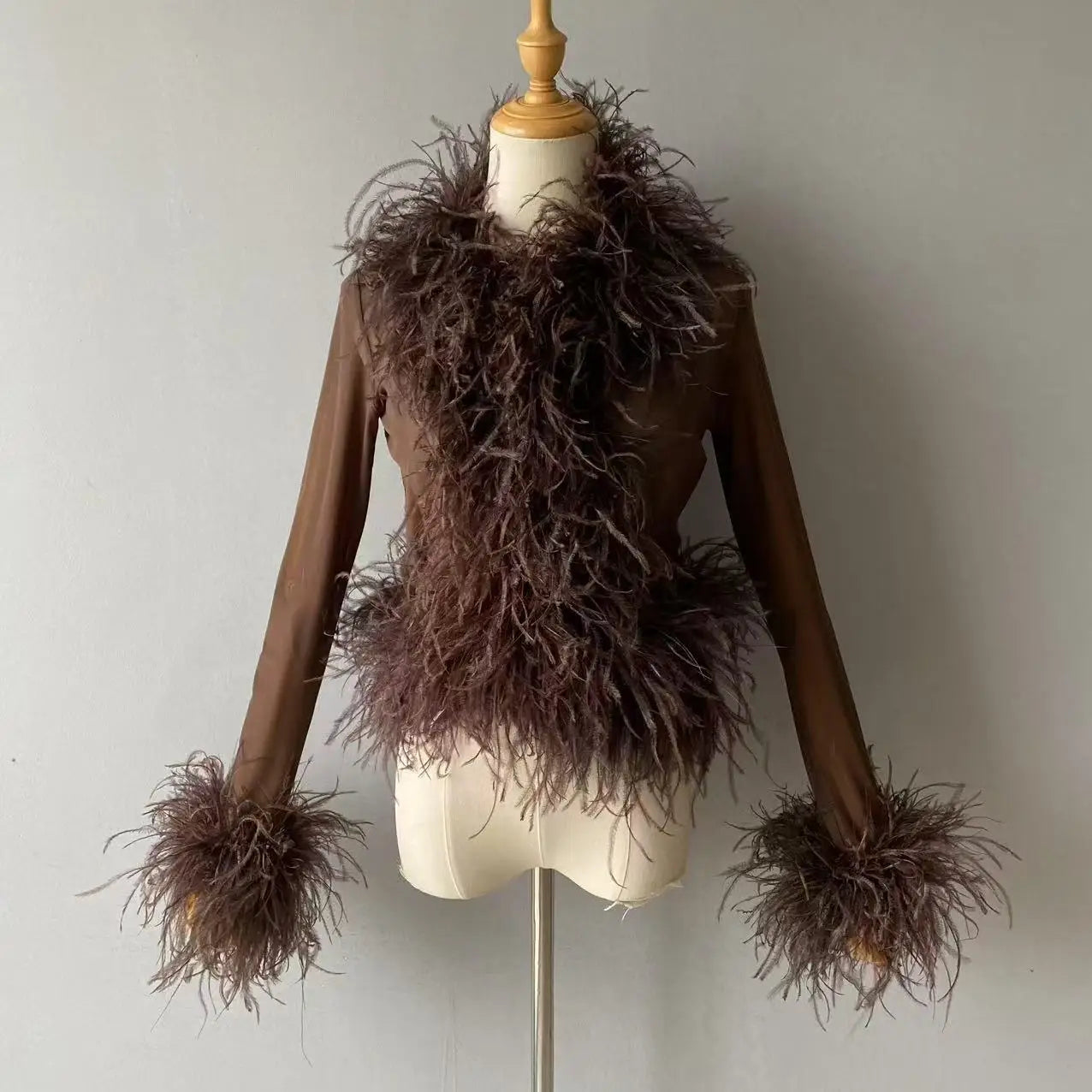 Jxwatcher Women's Sexy Mesh Feather Tops Spring Summer Ladies Vintage Celebrity Real Ostrich Feather Coat Fashion Party Wear New