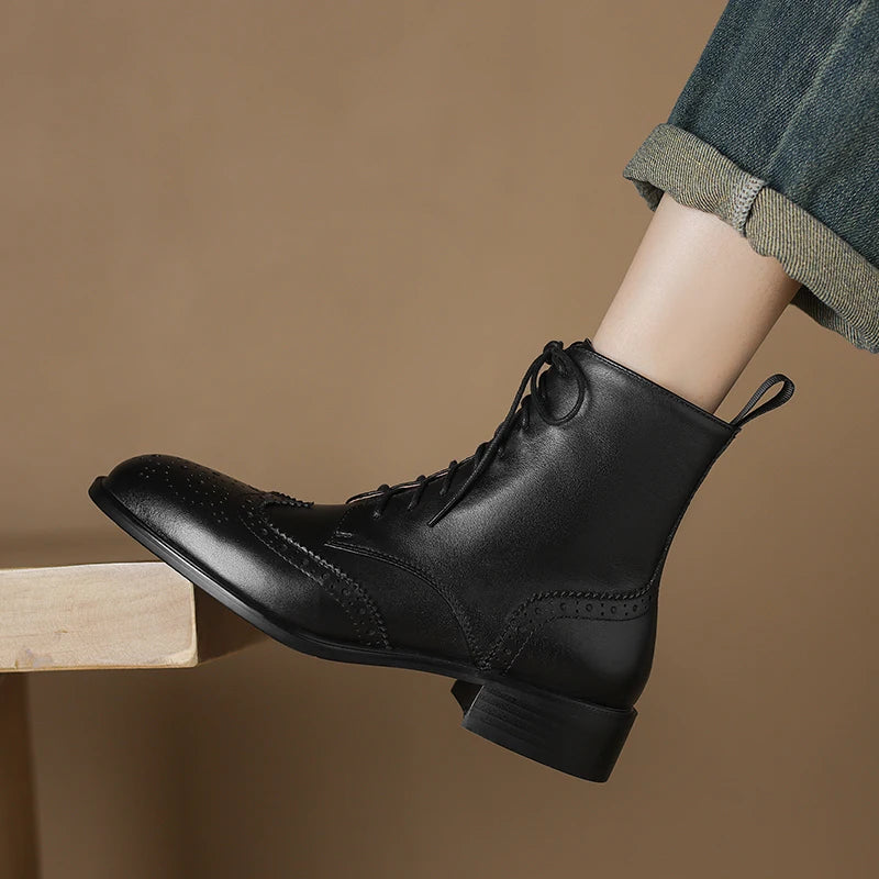 2025 Genuine Leather Boots Women Shoes Thick Sole Lace Up Autumn Winter Short Ankle Boots for Women High Heel Motorcycle Shoes