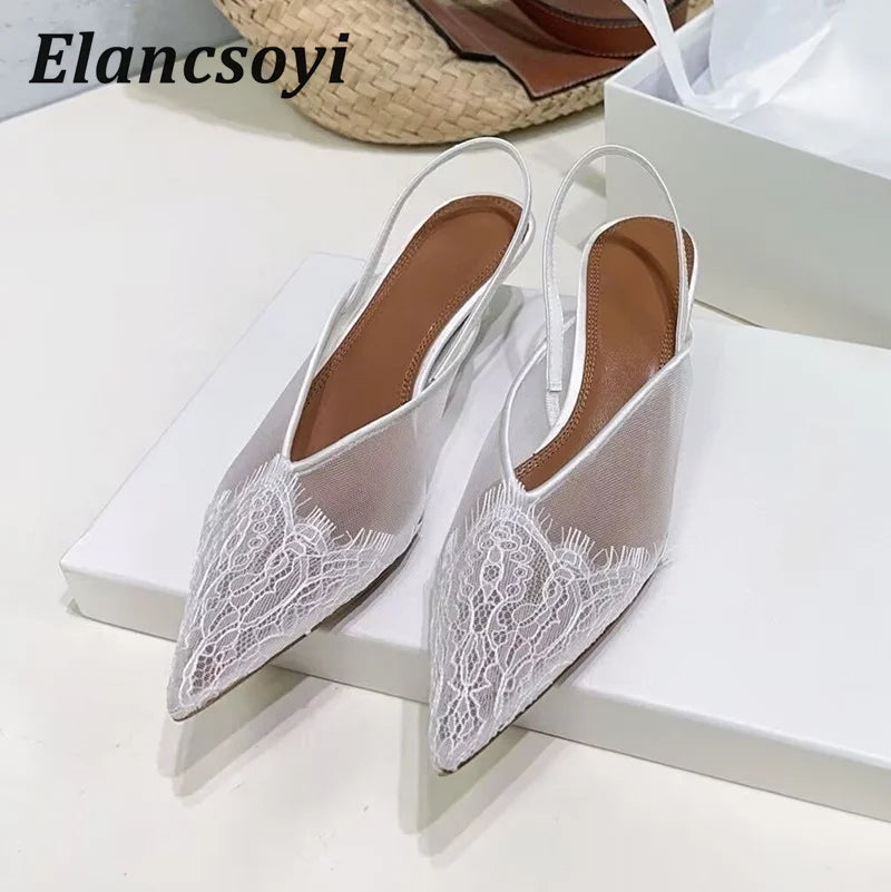 Fashion Satin Lace Kitten Heels Pointed Toe Sandals Women Pumps Low Heels Back Strap Sandalias Summer Elegant Banquet Shoes