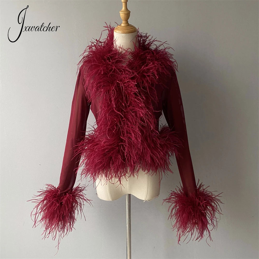 Jxwatcher Women's Sexy Mesh Feather Tops Spring Summer Ladies Vintage Celebrity Real Ostrich Feather Coat Fashion Party Wear New