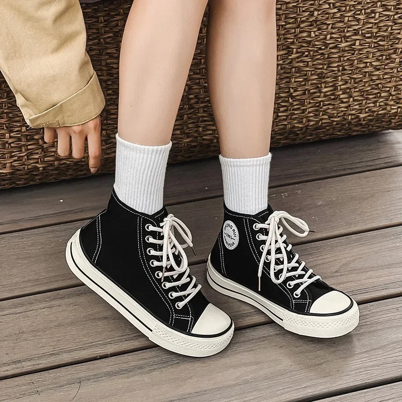 High-Top Round-Toe Low-Profile Canvas Shoes Women's Spring Summer New Style Breathable Thin-Material Flat Heel Board Shoes