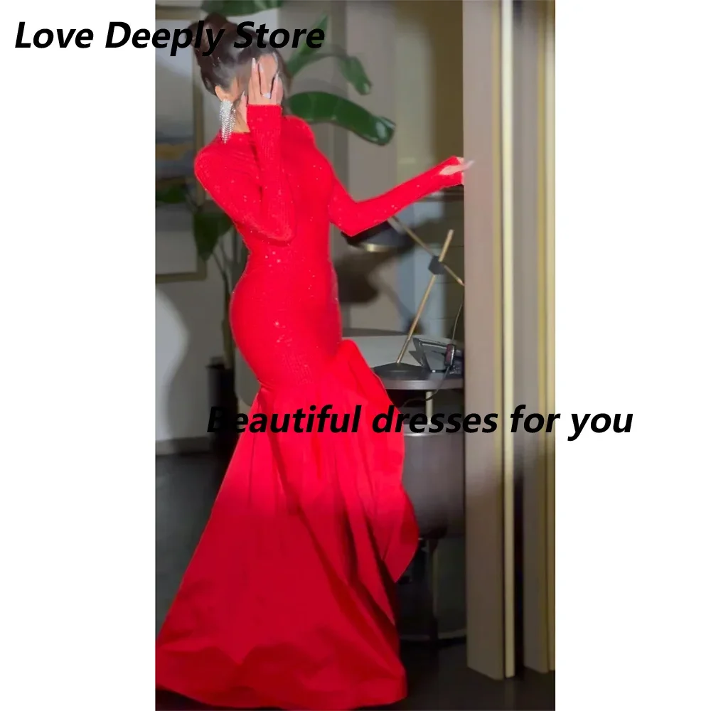 Customized Elegant Saudi Arabia Evening Dresses Long Sleeves High Neck Party Dress Jersey Draped Long Mermaid Prom Dress
