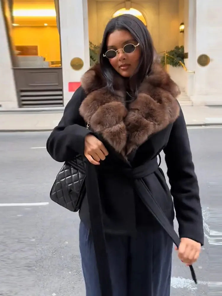 Elegant Women's Faux Fur Coat Jackets Lapel Collar Belted Jacket Warmed Outwear Winter Casual Tops 2025 Fashion Lace-up Ouftit
