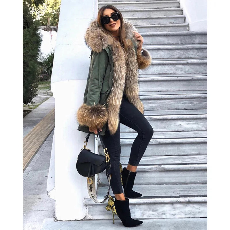 MaoMaoKong Natural Real Fox Fur Jacket Hooded Black Waterproof Woman Winter Warm Coat Parkas Luxury Jacket Female Clothing