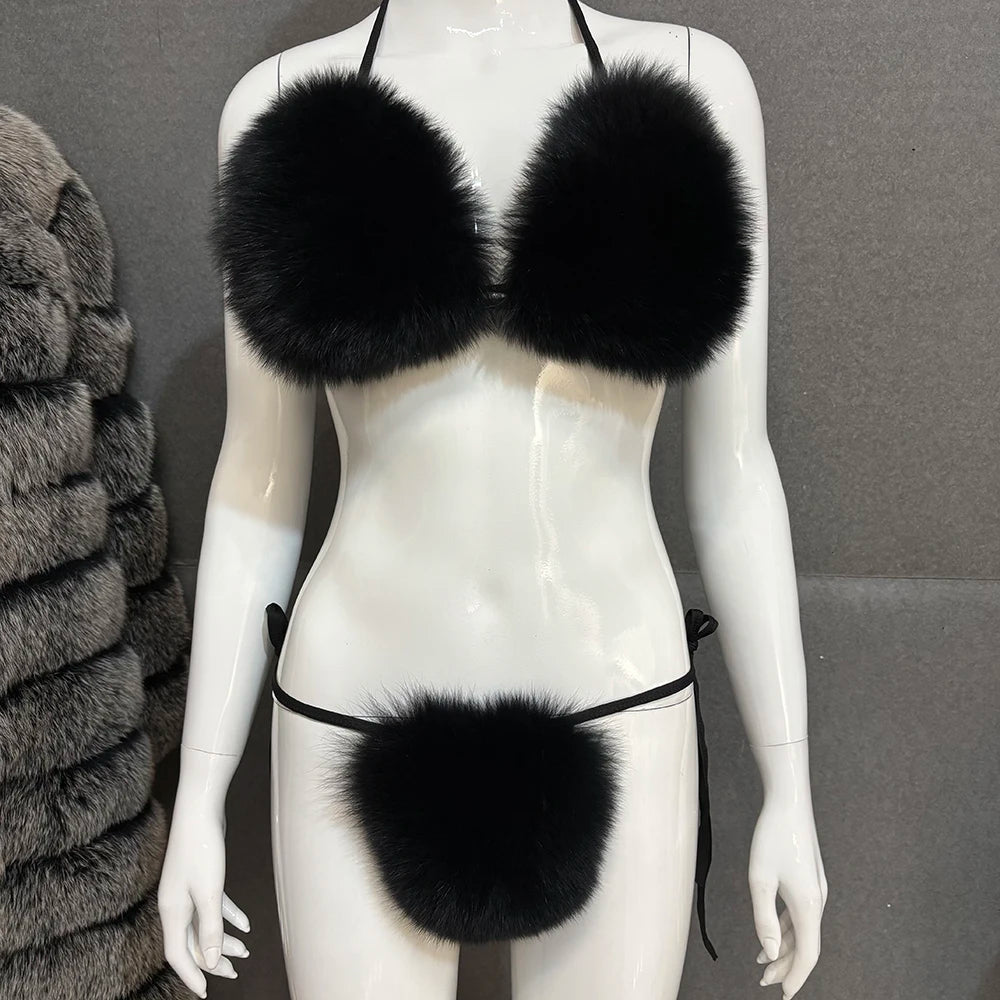 YOLOAgain Women Solid Natural Fox Fur Sexy Bikini Set Bra Detachable