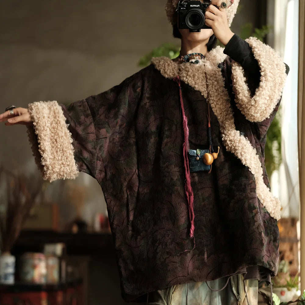 Johnature Women Corduroy Print Floral Parkas Red Winter Coats 2025 Warm Patchwork Wool Plus Cotton Women Loose Pullover Parkas