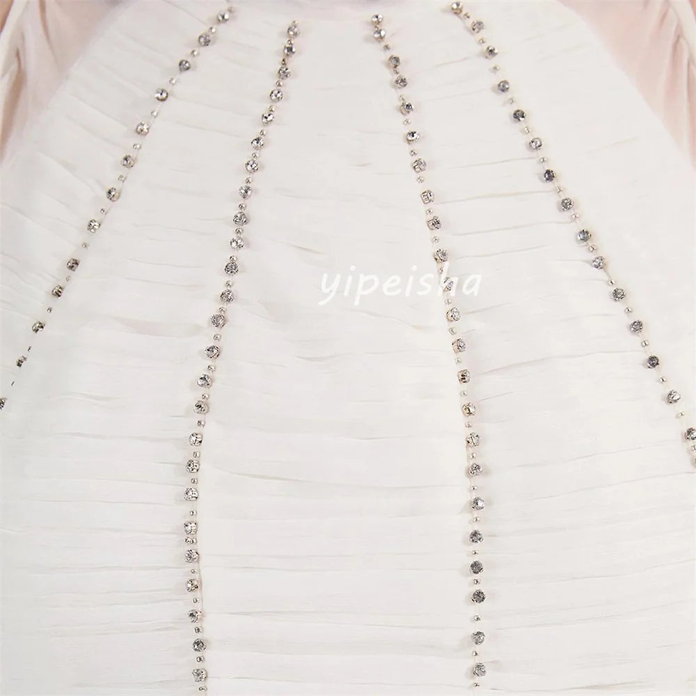Customized Modern Style Sexy Chiffon Pleat Ruched Rhinestone A-line High Collar Midi Dresses Bespoke Occasion Dresses Fashion