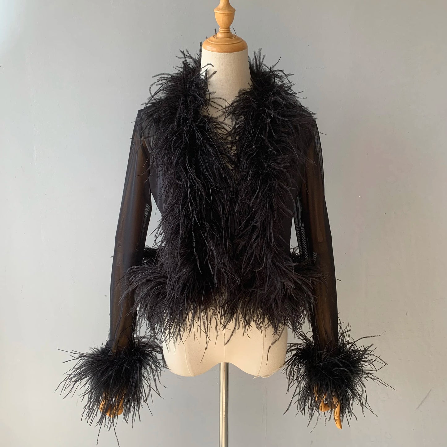 Jxwatcher Women's Sexy Mesh Feather Tops Spring Summer Ladies Vintage Celebrity Real Ostrich Feather Coat Fashion Party Wear New