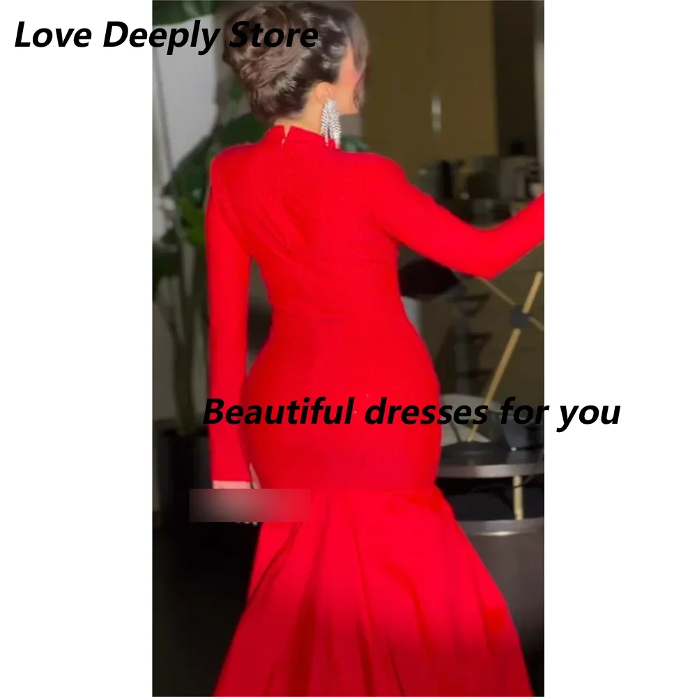 Customized Elegant Saudi Arabia Evening Dresses Long Sleeves High Neck Party Dress Jersey Draped Long Mermaid Prom Dress