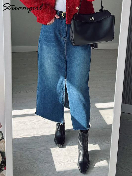 Long Slit Denim Skirts For Women High Waist A Line Maxi Denim Skirt With Slit Summer Midi Blue Jeans Skirts For Woman Long 2025