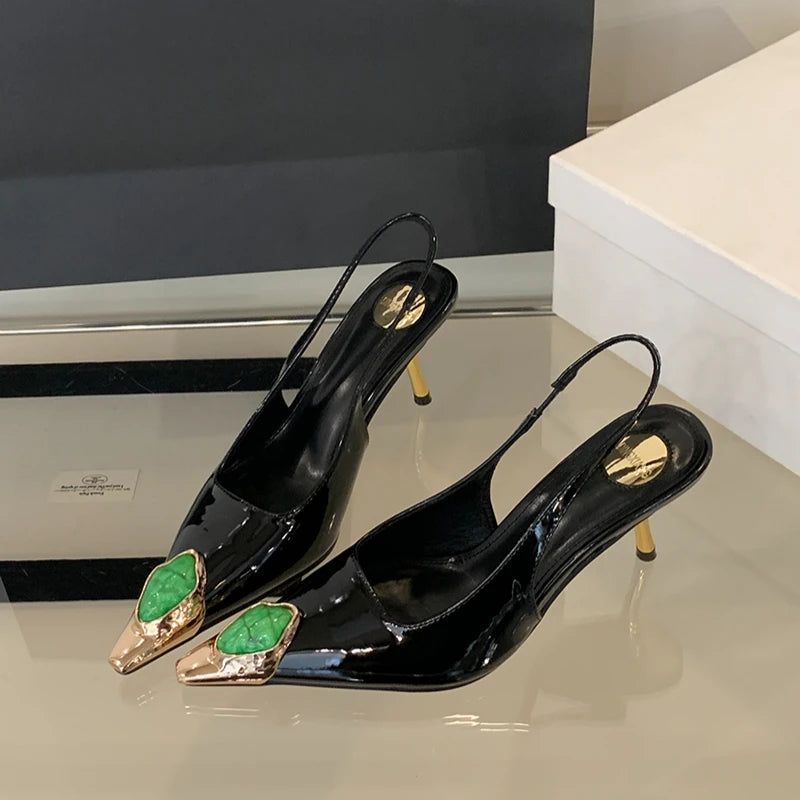 2025 Summer Women's Slingback High Heel Sandals Pointed Toe Sexy Striptease Women's Sandals Beach Slippers Zapatillas Mujer